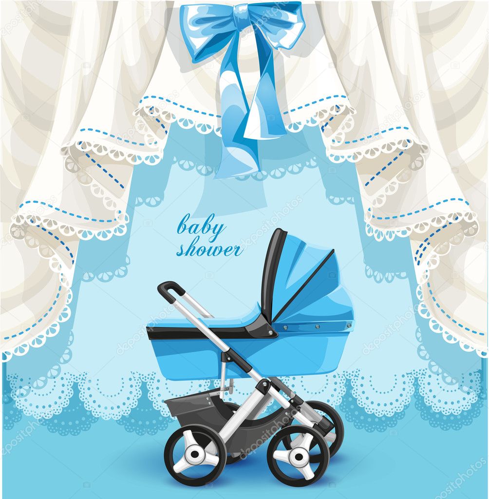 Blue baby shower card with baby carriage