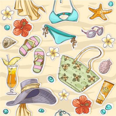 Color seamless background on a beach theme - goggles, a swimsuit, clams clipart