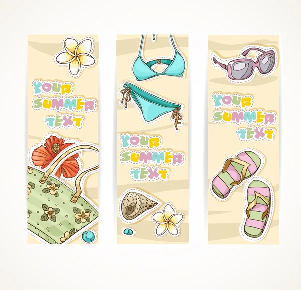 Vertical summer banner with young beach accessories — Stock Vector