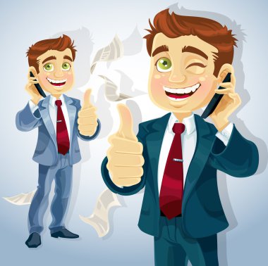 Cute businessman reported good news on the phone clipart
