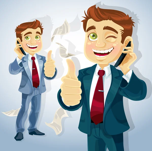 Cute businessman reported good news on the phone — Stock Vector