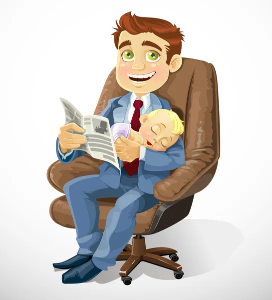 Business dad with sleep baby in an office chair and read business records — Stock Vector