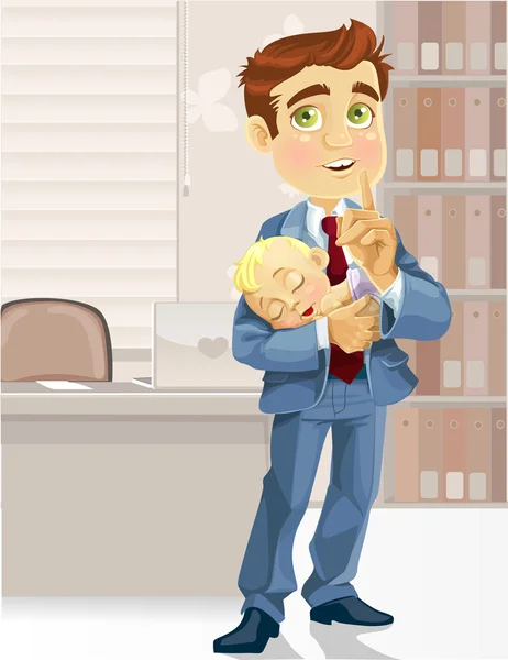 Cute business dad with the sleeping child asked to be quiet — Stock Vector