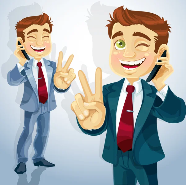 Cute businessman talking on the phone and makes the sign of peace — Stock Vector