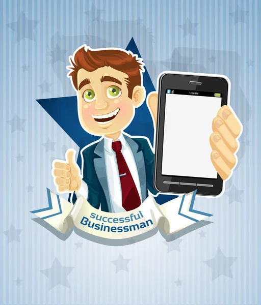 Schattig succesvolle zakenman met telefoon-sterren poster — Stockvector