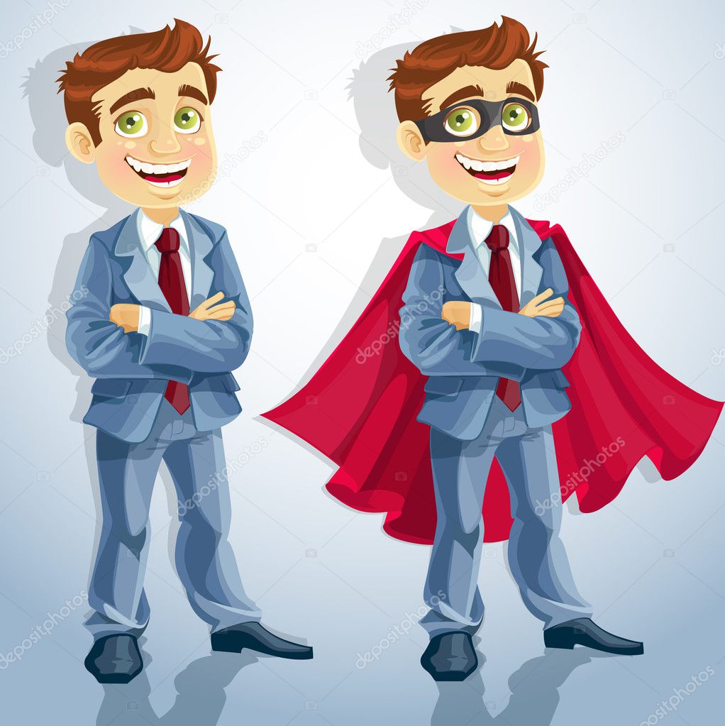 Cute businessman with folded arms, and dressed as a superhero