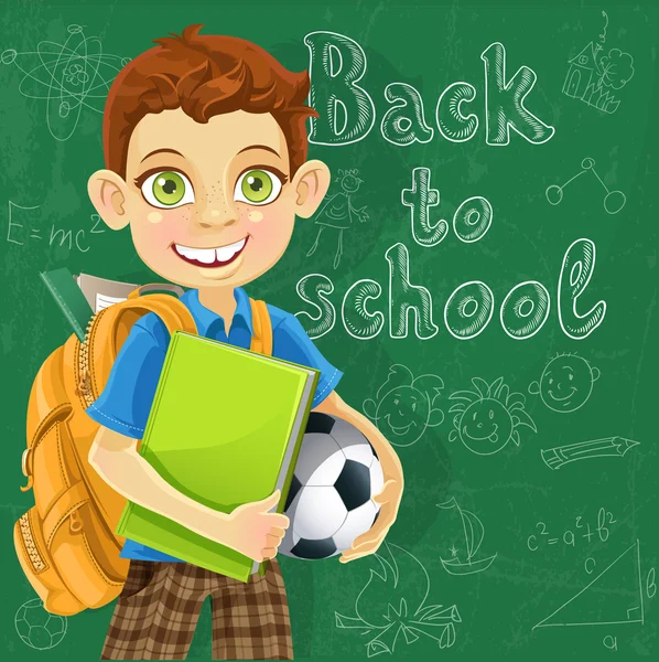 Banner - Back to school - a boy with a backpack at the board ready to learn — Stock Vector