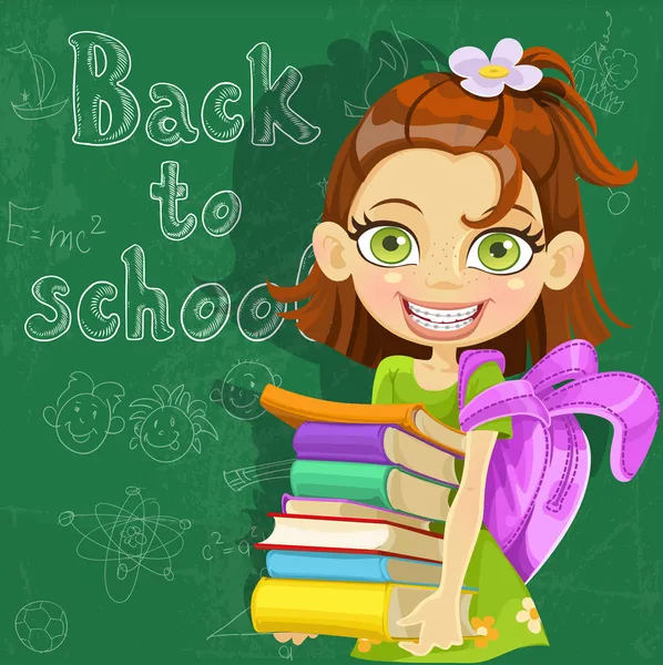 Banner - tillbaka till skolan - söt tjej med böcker på styrelsens redo att lära sig — Stock vektor