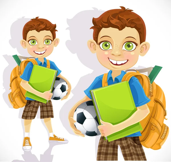 Cute schoolboy with a backpack and a textbook — Stock Vector