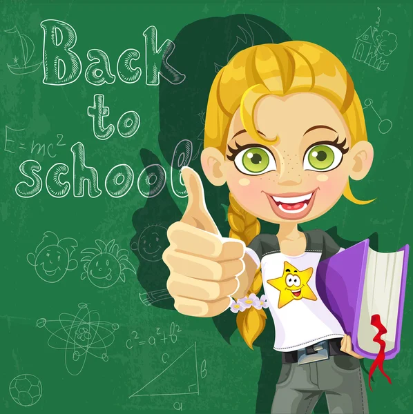 Banner - Back to school - cute girl at the board ready to learn — Stock Vector