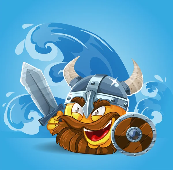 Sonrisa Vikingo en casco con espada y escudo — Vector de stock