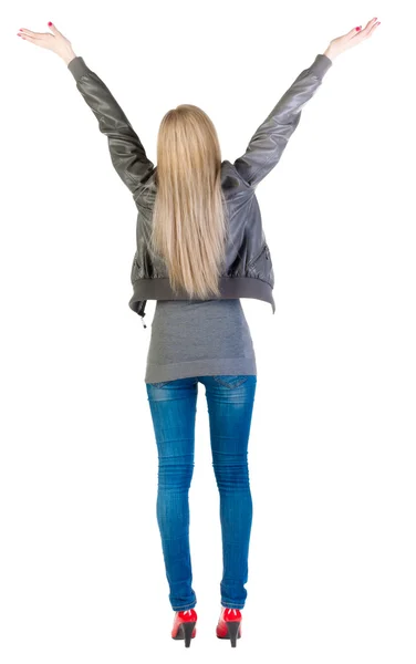 Vista de mulher chocada em jaqueta cinza traseira — Fotografia de Stock