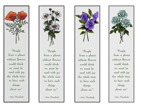Set of Bookmarks With Flower Drawings and Quote