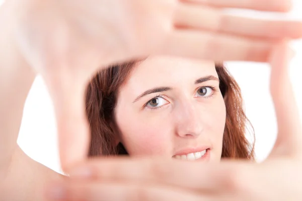 Nő mutatja keretezés odaad gesztus — Stock Fotó