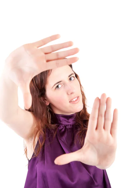 Γυναίκα που δείχνει την διαμόρφωση χειρονομία — Φωτογραφία Αρχείου