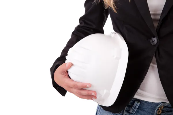 Mulher de negócios segurando um capacete — Fotografia de Stock