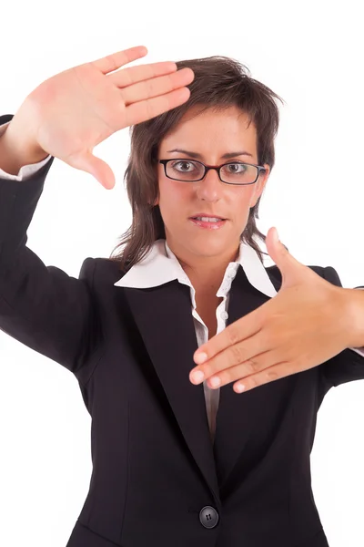 Mulher de negócios mostrando moldura gesto mão — Fotografia de Stock