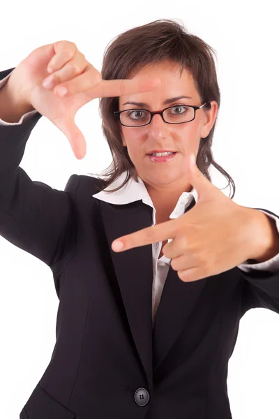 Geschäftsfrau zeigt einrahmende Handgeste — Stockfoto