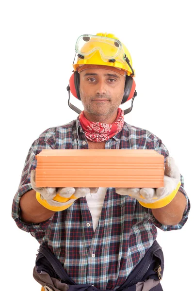Trabalhador da construção que oferece serviços — Fotografia de Stock