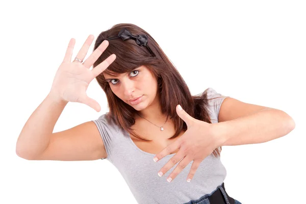 Женщина показывает обрамляющий жест рукой — стоковое фото