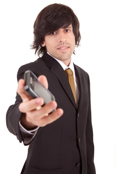 Business man offering cellphone — Stock Photo, Image