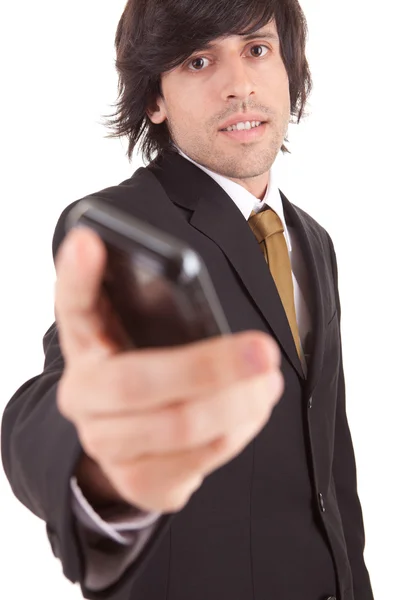 Üzleti ember kínál cellphone — Stock Fotó