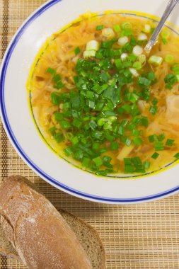 Hot soup with spring onions and rye bread on a decorative napki clipart