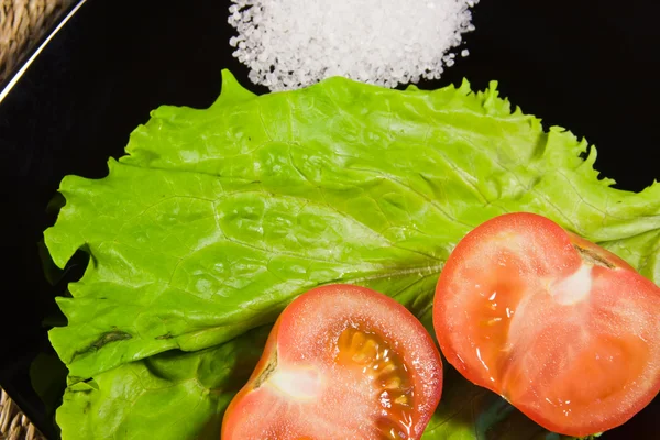 Red ripe tomatoes with sheet lettuce and large salt — Stock Photo, Image