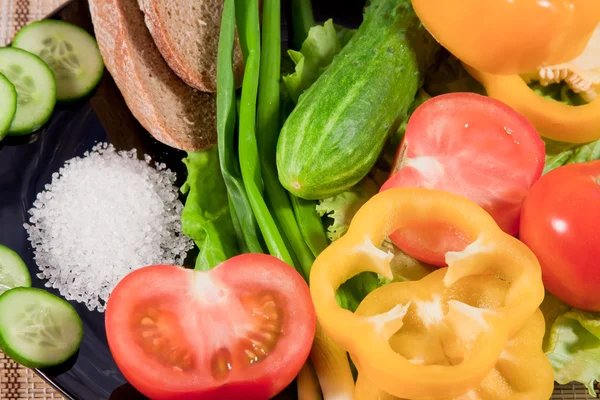 Warzywa z zielenią, chleb żytni i duży soli na danie — Zdjęcie stockowe