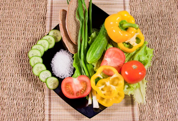Grönsaker med grönska, rågbröd och stora salt på en maträtt — Stockfoto