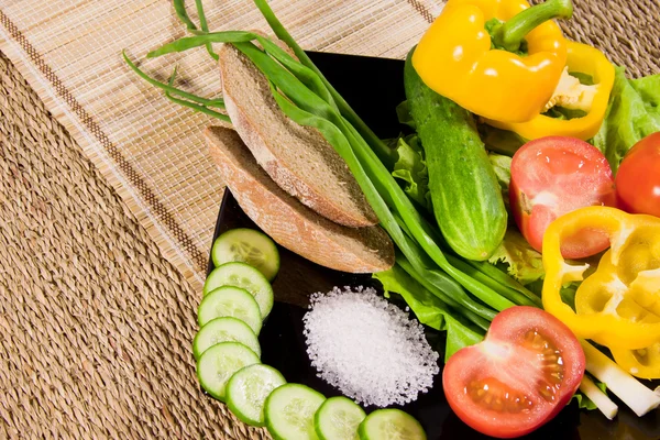 Gemüse mit viel Grün, Roggenbrot und viel Salz auf einem Teller — Stockfoto