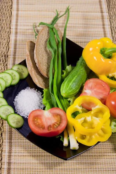 Warzywa z zielenią, chleb żytni i duży soli na danie — Zdjęcie stockowe