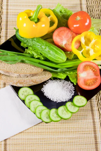 Verduras con verdura, pan de centeno y sal grande en un plato — Foto de Stock