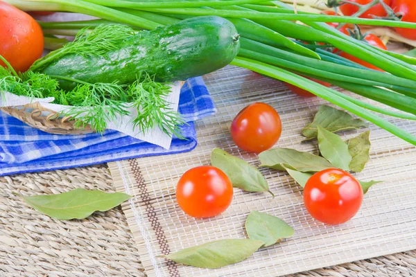 Ripe red tomatoes and fresh greenery — Stock Photo, Image