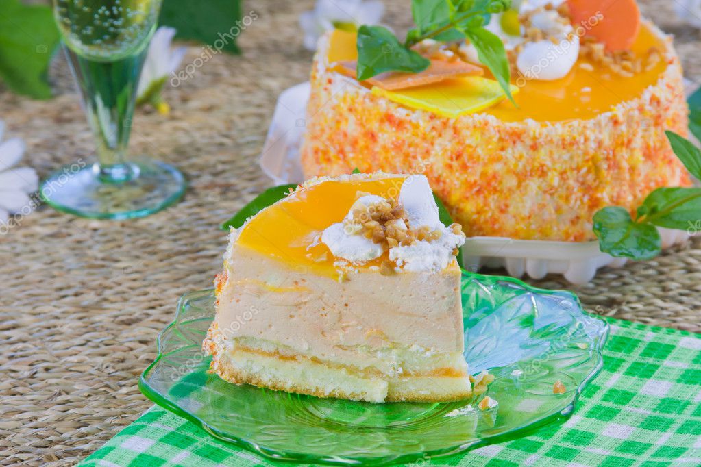 a delicious sweet cake is beautifully decorated with the cut pie