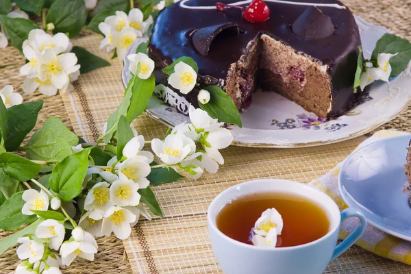 Green tea with jasmin and cake — Stock Photo, Image