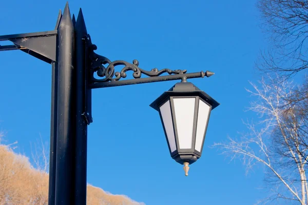Egy téli parkban a háttér a kék ég a lámpa — Stock Fotó