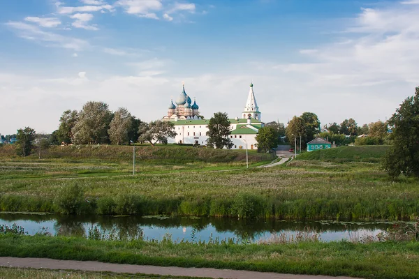 Krásná letní krajina u rybníka, Vladimirskij, Rusko — Stock fotografie