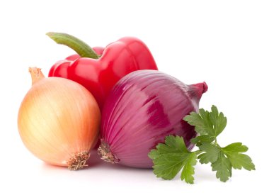 Sweet pepper, onion, tomato, and parsley leaves still life clipart