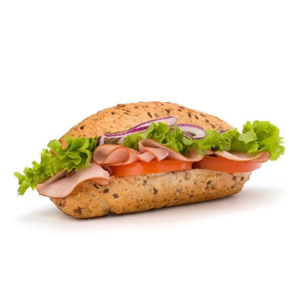 Fast food baguette sandwich with lettuce, tomato, ham and chees — Stock Photo, Image