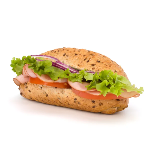 Fast foody bagietki kanapkę z sałaty, pomidor, szynka i sery — Zdjęcie stockowe