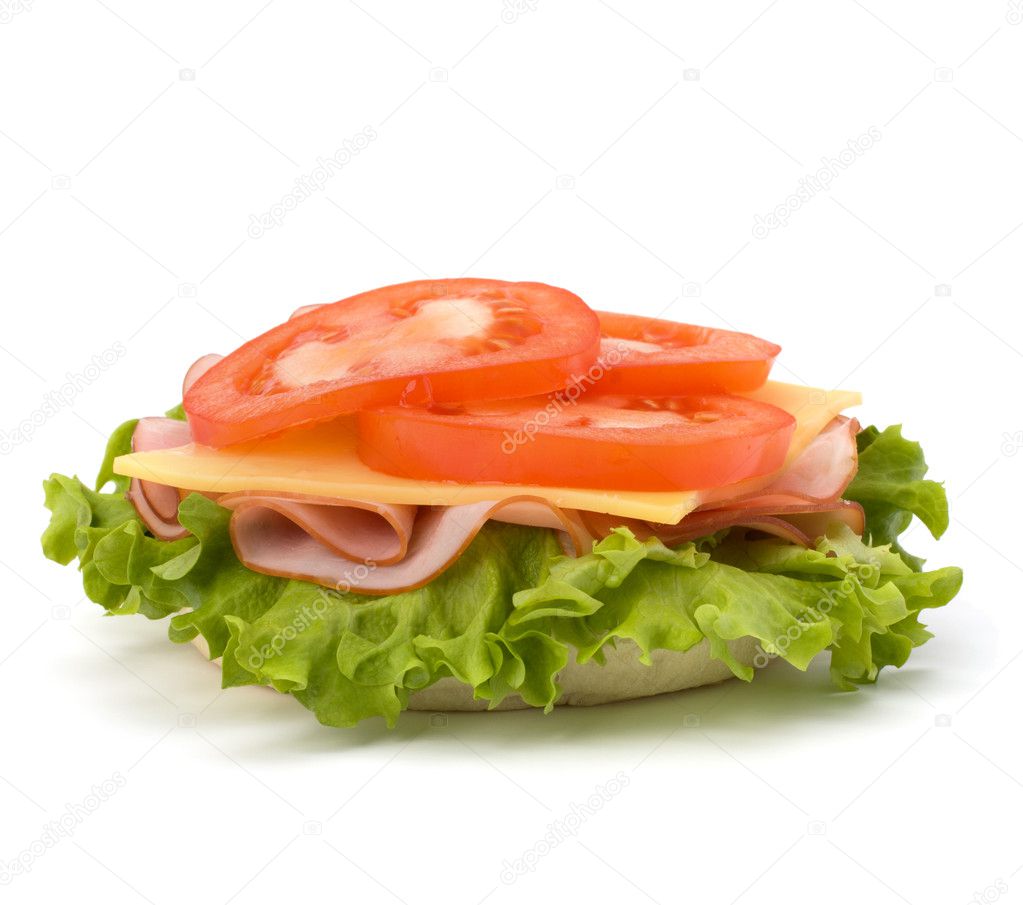 Healthy open sandwich with lettuce, tomato, smoked ham and chees