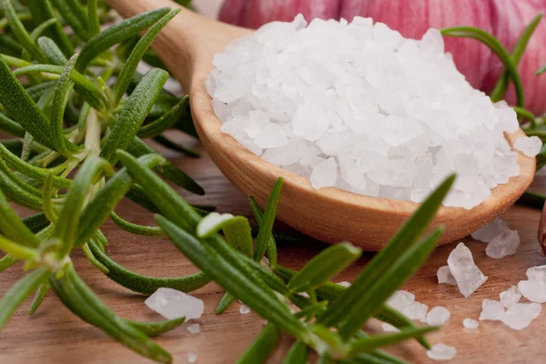 stock image Fresh herbs and salt spoon