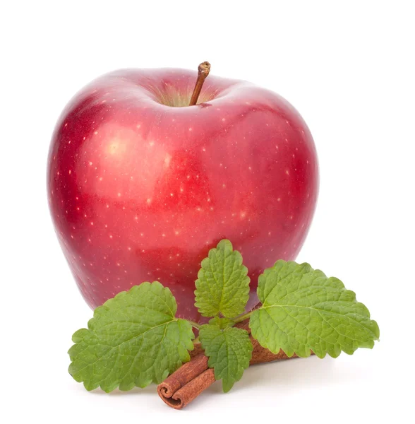 Красное яблоко, коричные палочки и мятные листья — стоковое фото