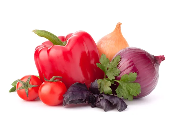 Paprika, lök, tomat och basilika blad stilleben — Stockfoto