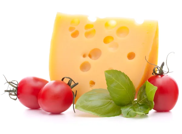 Cheese and basil leaves still life — Stock Photo, Image