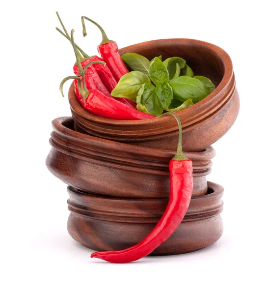 Hot red chili or chilli pepper in wooden bowls stack — Stock Photo, Image