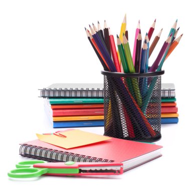 Notebook stack and pencils. Schoolchild and student studies acce clipart