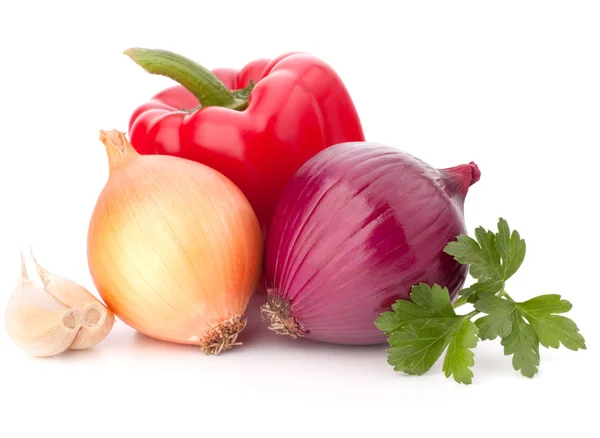 Paprika, ui, tomaat en peterselie bladeren stilleven — Stockfoto