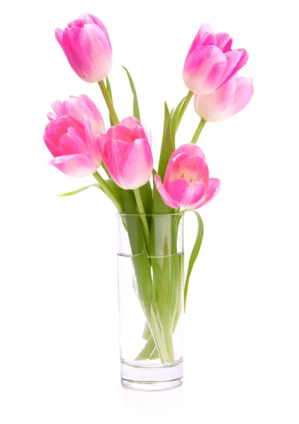 Букет розовых тюльпанов в вазе на белом фоне — стоковое фото